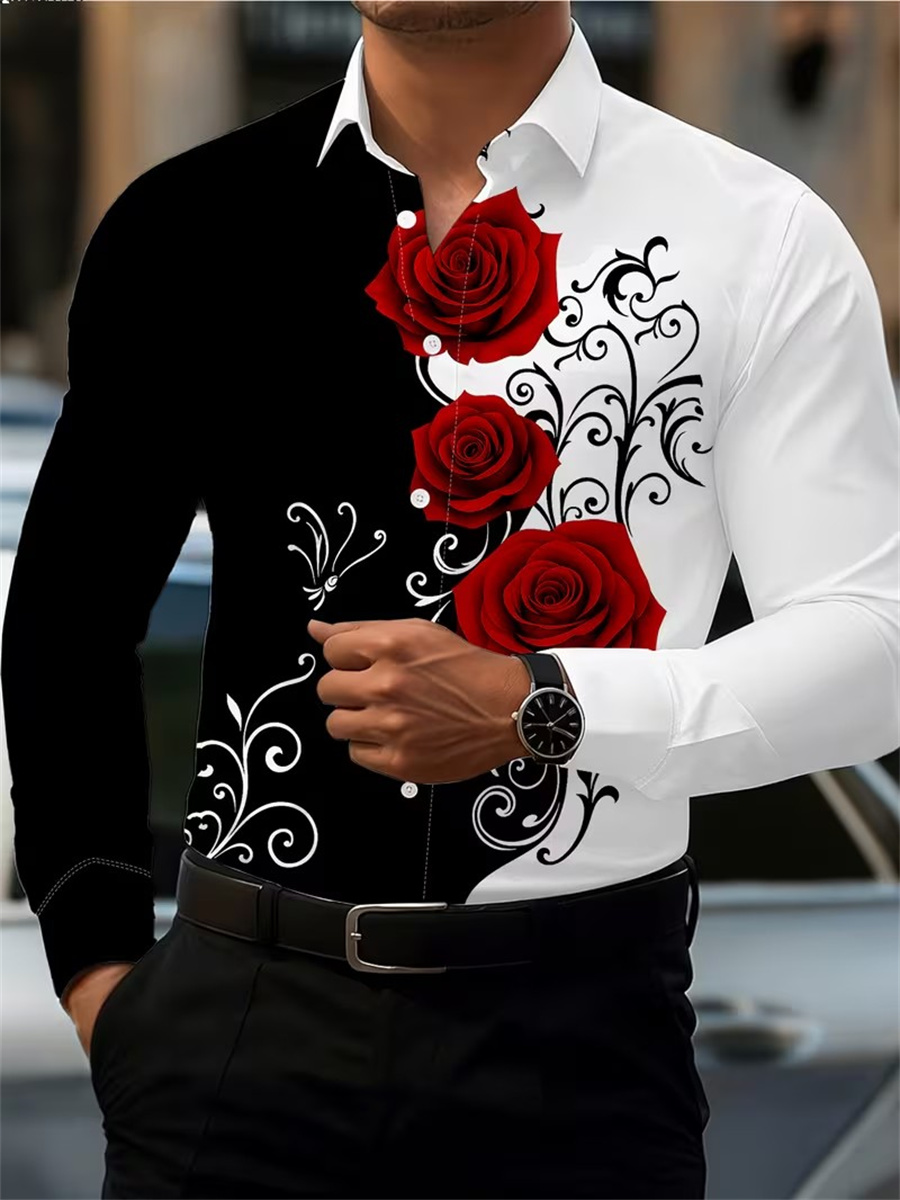 Men'S Fashion Essentials - Erkek Kırmızı Gül Baskılı Uzun Kollu