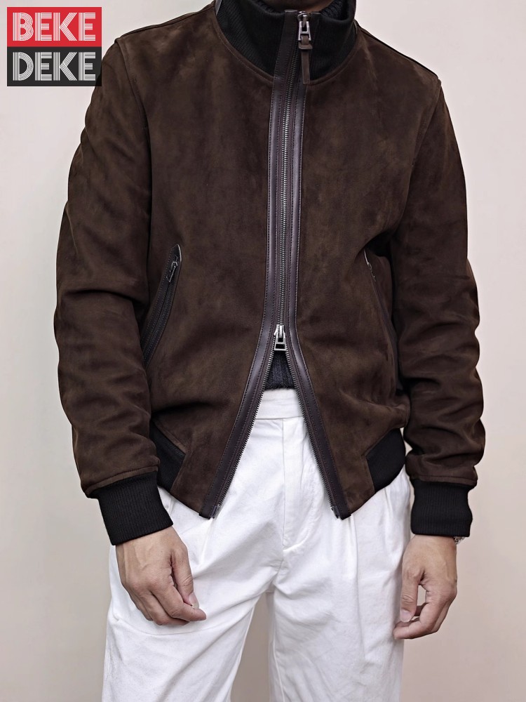 Mens Fashion Bomber Jacket - Erkek Hakiki Deri Ceket Standı Yaka