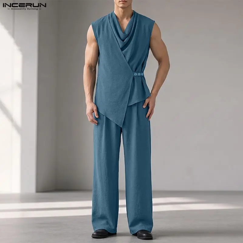 Track Suit Men - INCERUN Erkek Setleri Düz Renk Kolsuz